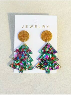 Christmas Tree Dangle/Drop Stud Earrings Multicolor Gold Glitter Acrylic 5.6cm